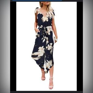 Navy & ivory floral pants dress jumpsuit romper S Anthropologie style flowy cut